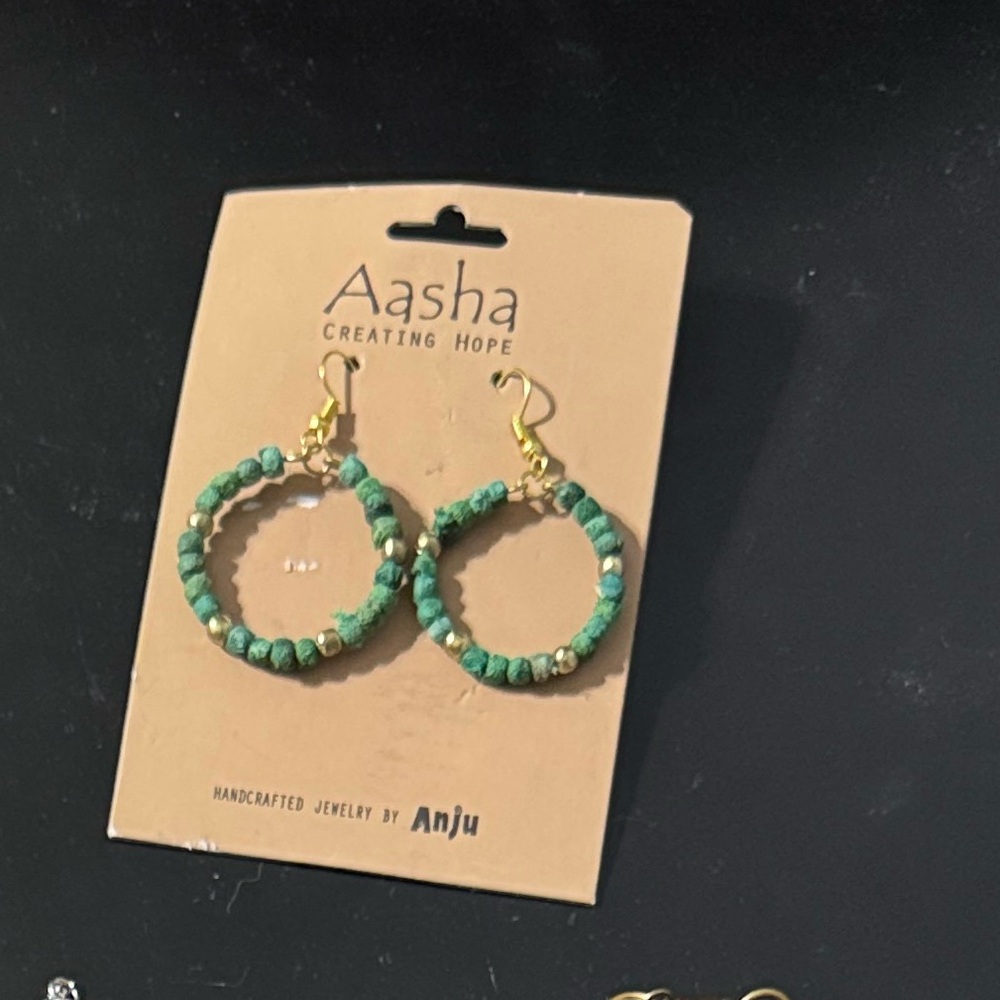 Green Beaded Hoop Earrings - Lightweight Women’s Fashion Jewelry - Picture 2 of 2